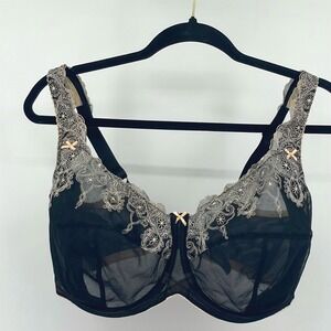 Fayreform Black Lace Embroidered Mesh Underwire Bra See Through Unlined 36HH